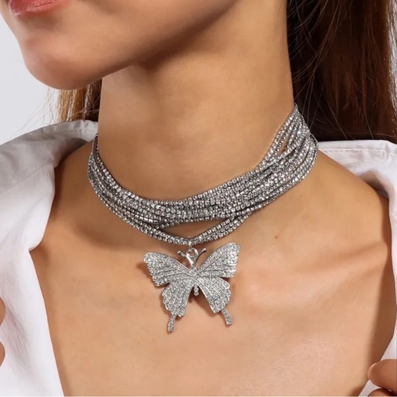 Anthropologie Jewelry - Statement Butterfly Rhinestone Choker Necklace – Sparkling Multi-Layer Design